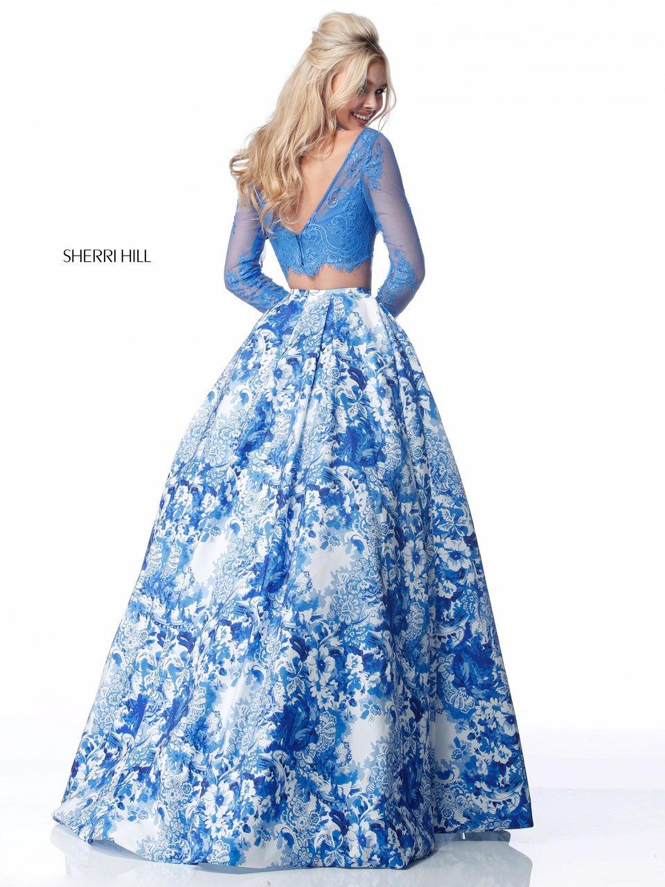 Sherri Hill Two Piece With Long Sleeve Lace Bodice And Blue Ivory Print Ball Gown Skirt