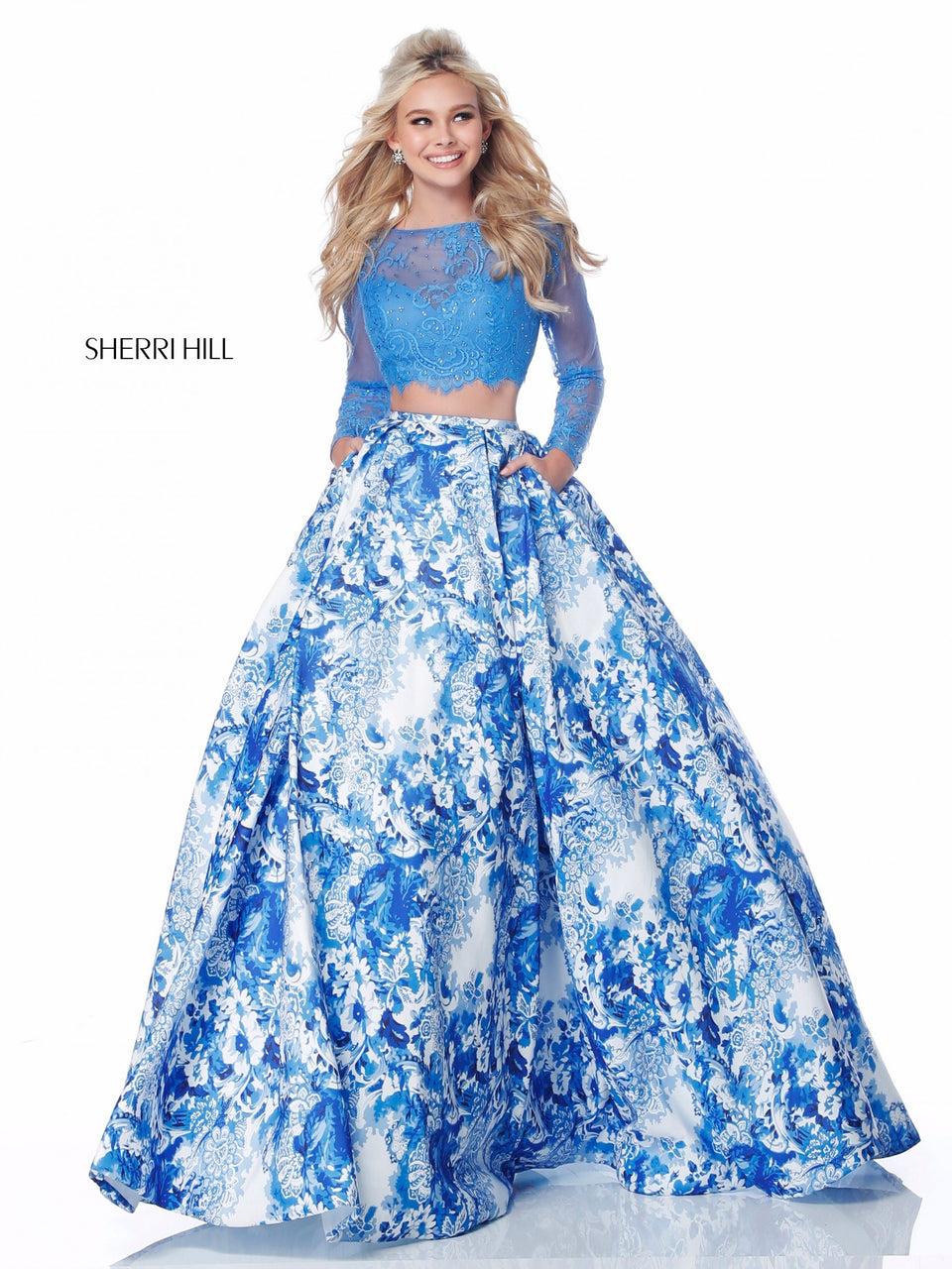 sherri hill Two piece with long sleeve lace bodice and blue ivory print ball gown skirt