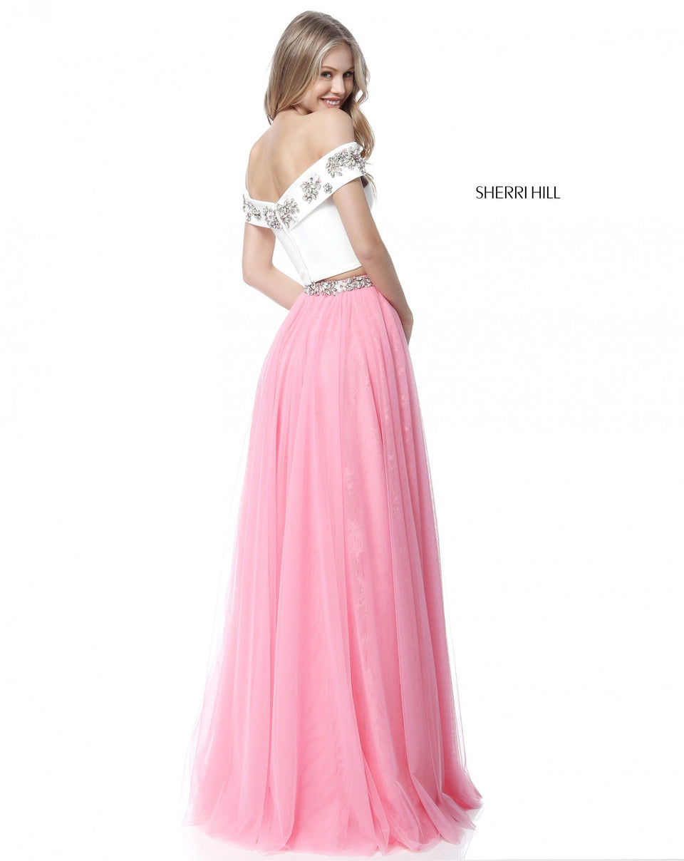 Sherri Hill Two Piece With Off-the-shoulder Jersey Bodice And Tulle Skirt With Lace Appliqued Layer Underneath