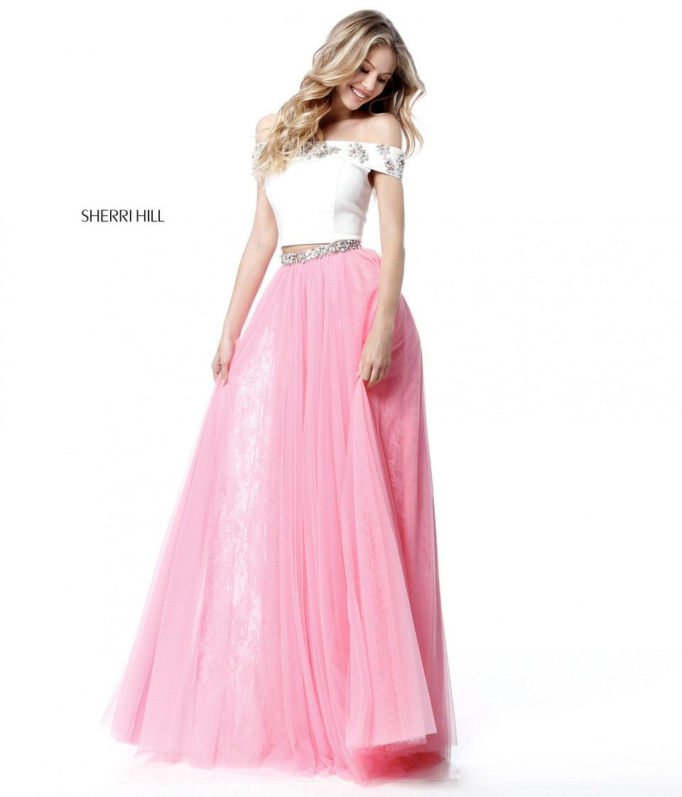 Sherri Hill Two Piece With Off-the-shoulder Jersey Bodice And Tulle Skirt With Lace Appliqued Layer Underneath