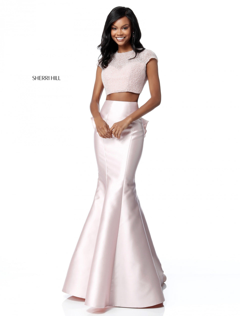 Sherri Hill Two Piece With Pearl Encrusted Short Sleeve Bodice And Ruffled Taffeta Mermaid Skirt