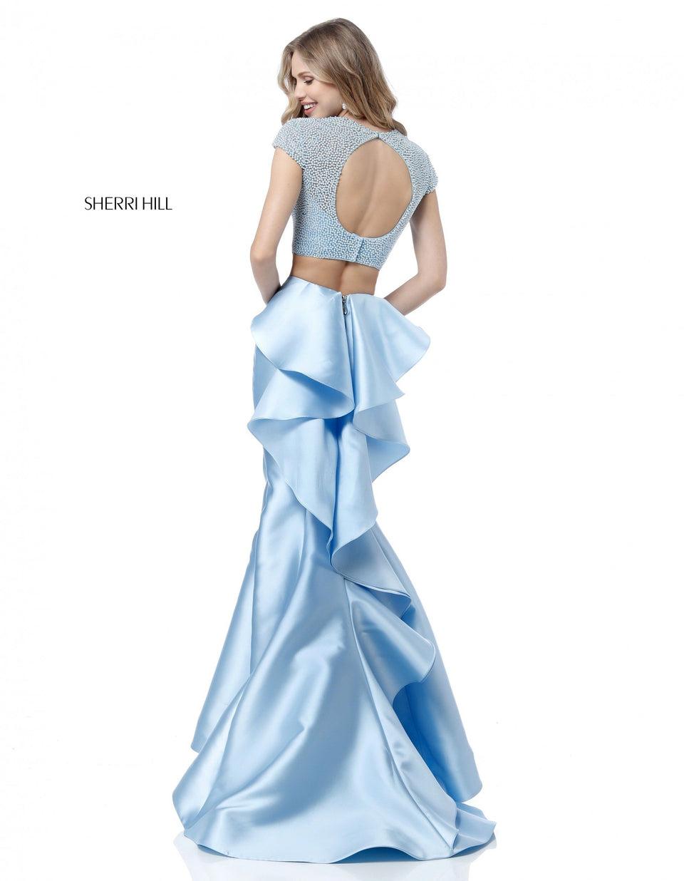 sherri hill Two piece with pearl encrusted short sleeve bodice and ruffled taffeta mermaid skirt