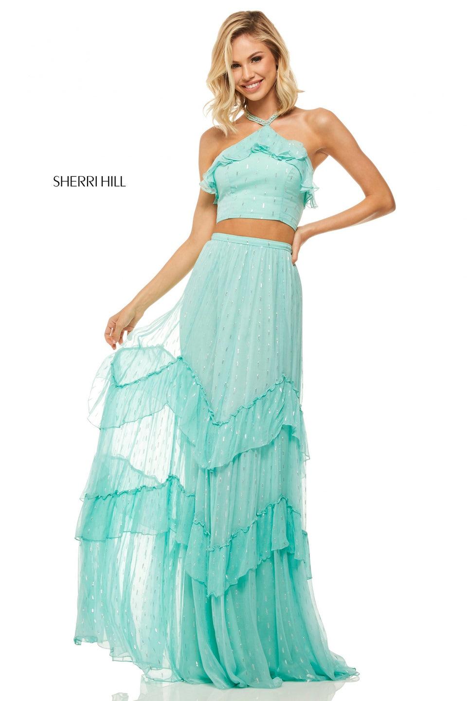 Sherri Hill Two-piece With Ruffle Neckline And Lace Up Back Halter Top And Chiffon Skirt With Metallic Detail And Ruffles