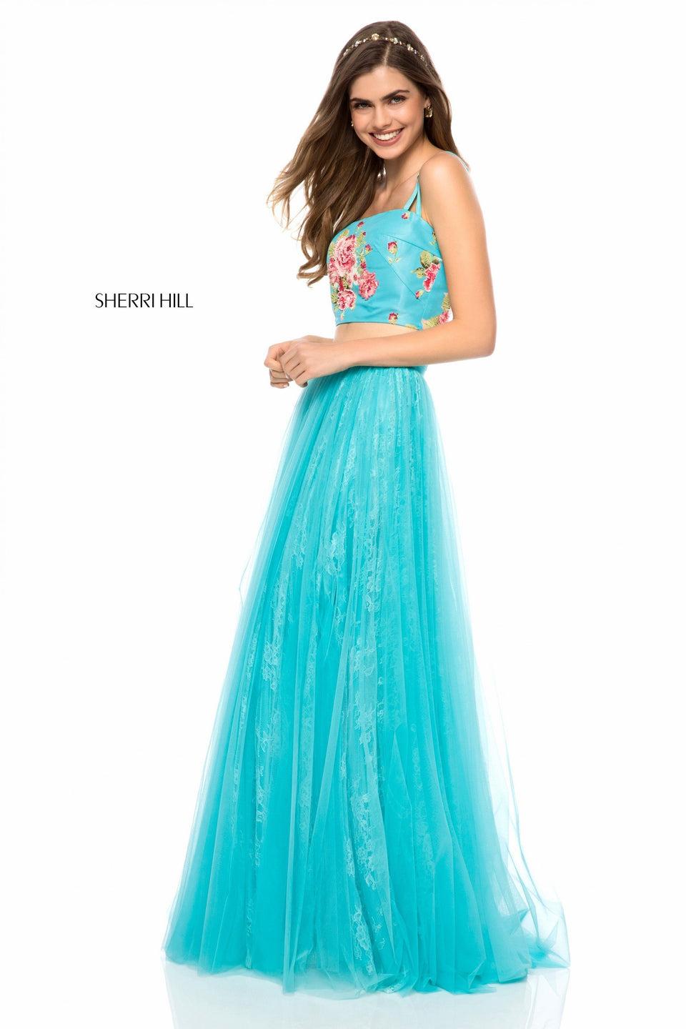 Sherri Hill Two Piece With Satin Floral Print Bodice And Tulle Skirt With Lace Appliqued Layer Underneath