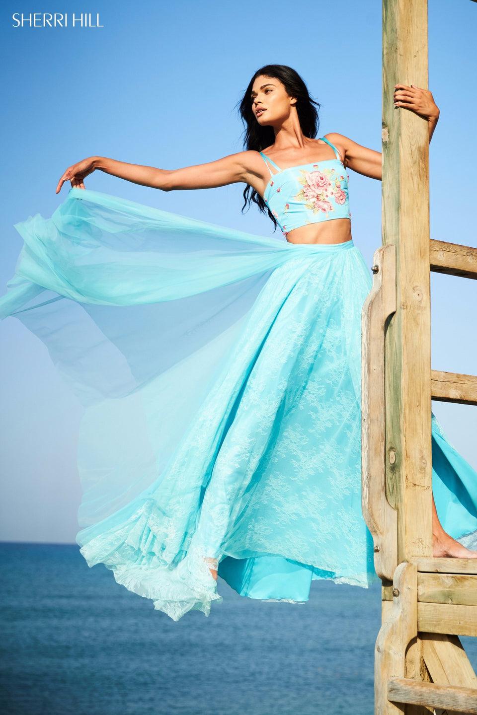 sherri hill Two piece with satin floral print bodice and tulle skirt with lace appliqued layer underneath