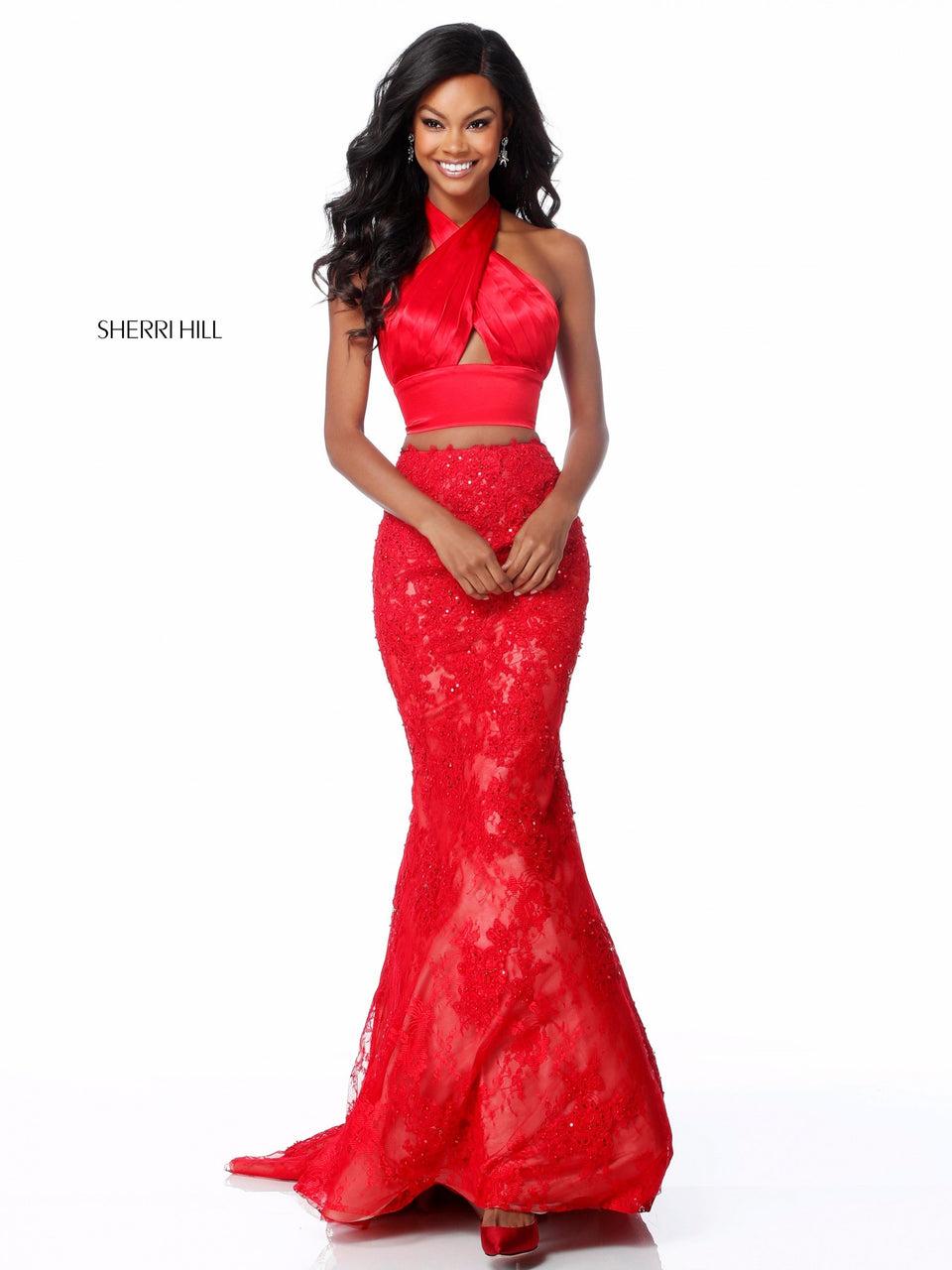 Sherri Hill Two Piece With Satin Front Cross Bodice And Lace Mermaid Skirt