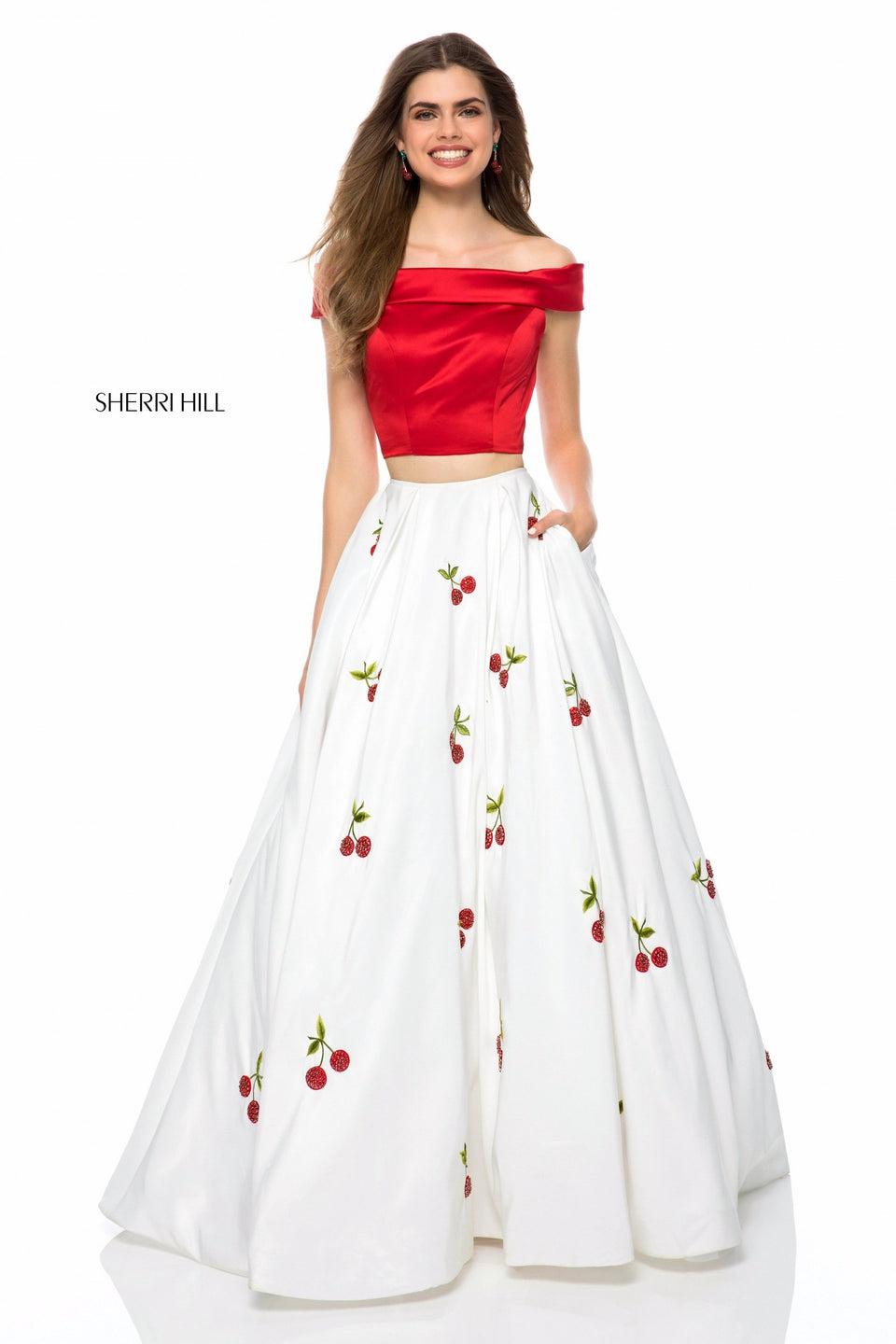 Sherri Hill Two Piece With Satin Off Shoulder Bodice And Beaded Cherry Print Ball Gown Skirt