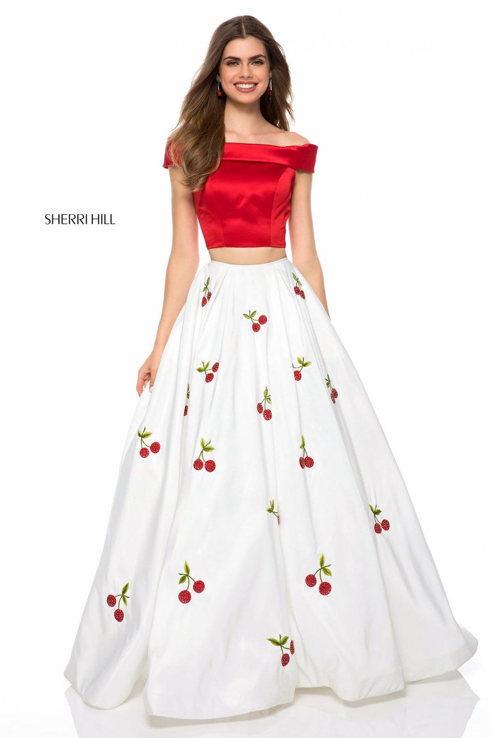 Sherri Hill Two Piece With Satin Off Shoulder Bodice And Beaded Cherry Print Ball Gown Skirt