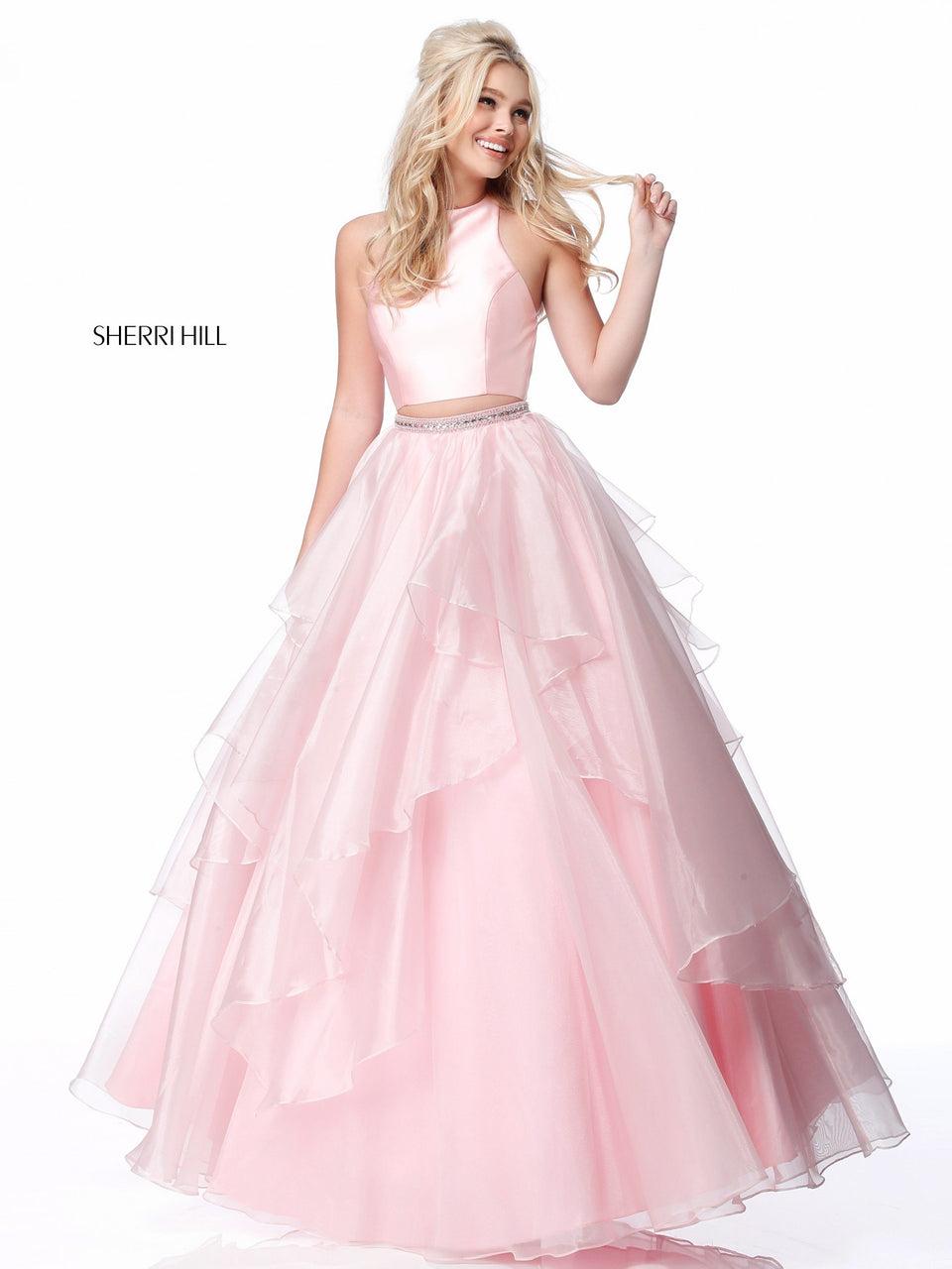 sherri hill Two piece with satin top and ruffled chiffon ball gown skirt