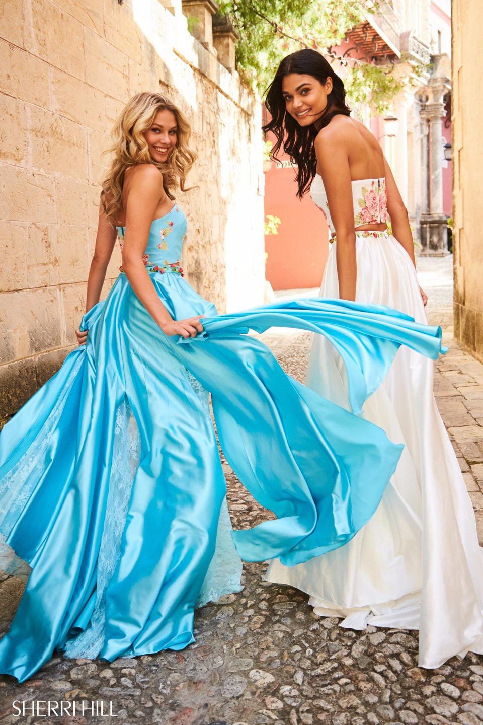 Sherri Hill Two Piece With Strapless Floral Print Bodice And Charmeuse Skirt With Flower Appliques On Belt