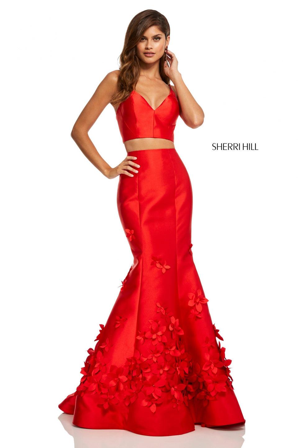 sherri hill Two-piece with V-neck bodice and mermaid skirt with 3D floral applique