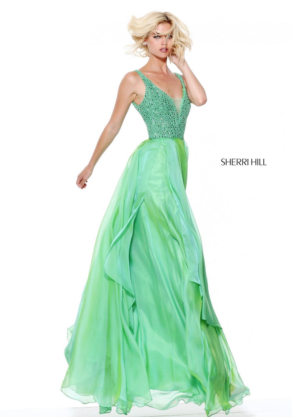 Sherri Hill V-neck Beaded Bodice With Layered Chiffon Skirt