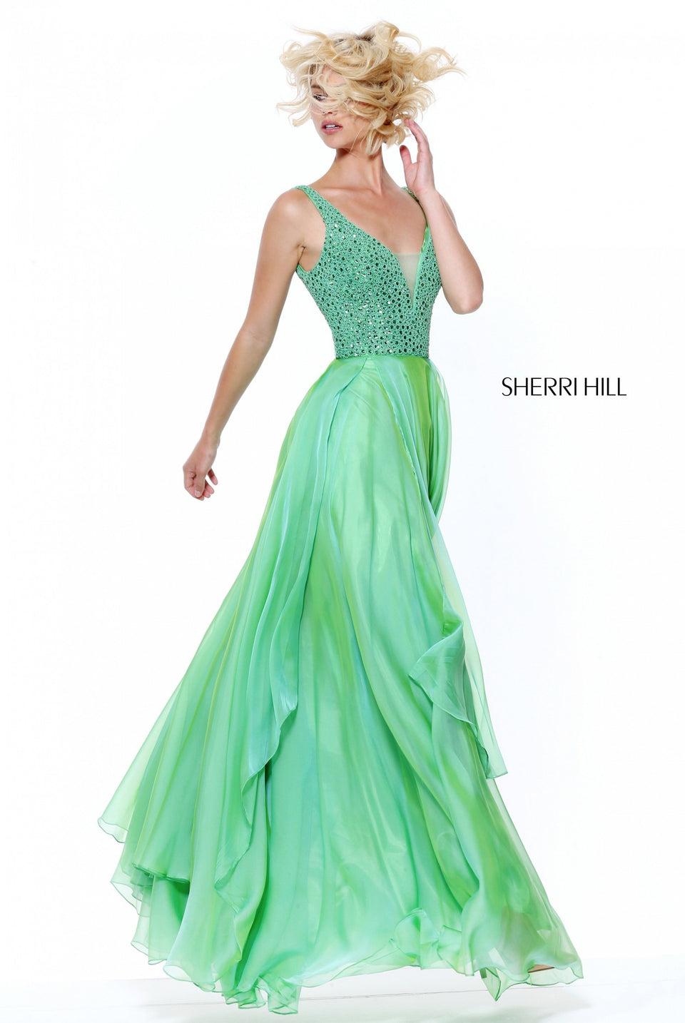 sherri hill V-neck beaded bodice with layered chiffon skirt