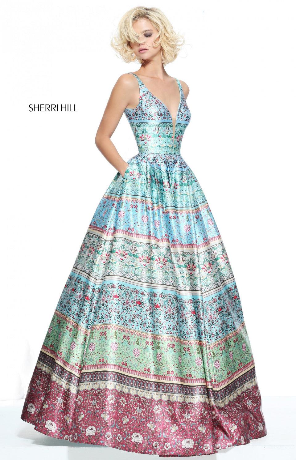 Sherri Hill V-neck Multi Blue Green Print Ball Gown