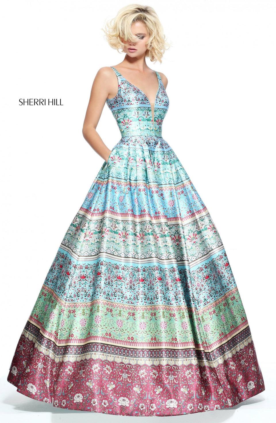 Sherri Hill V-neck Multi Blue Green Print Ball Gown