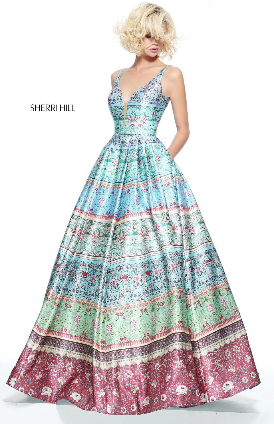 sherri hill V-neck multi blue green print ball gown
