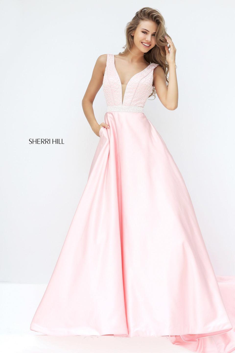 sherri hill V-neck satin ball gown with ivory liquid beaded bodice
