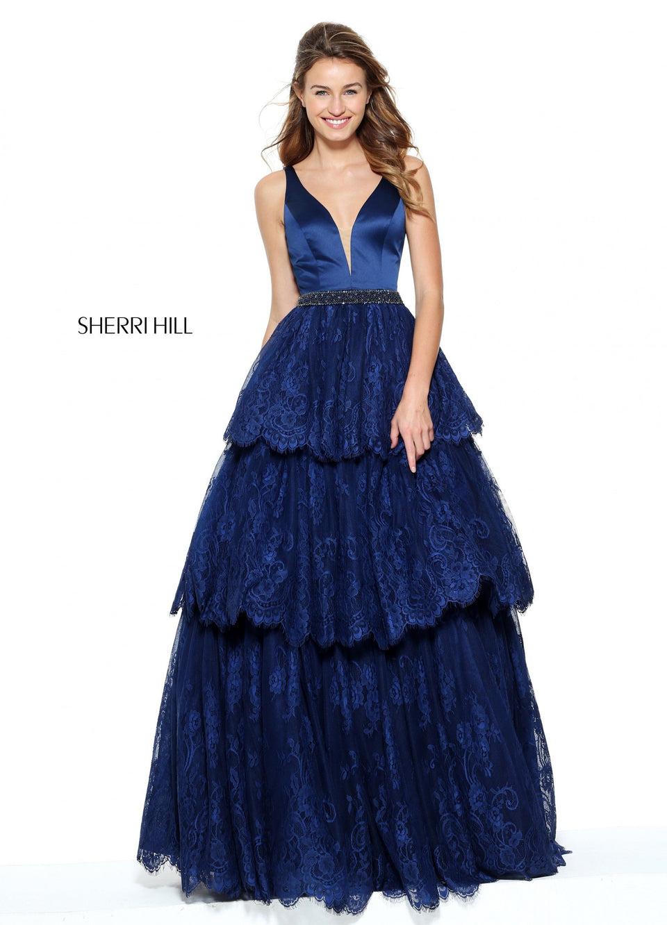 Sherri Hill V-neck Satin Bodice With A Three Tiered Lace Skirt