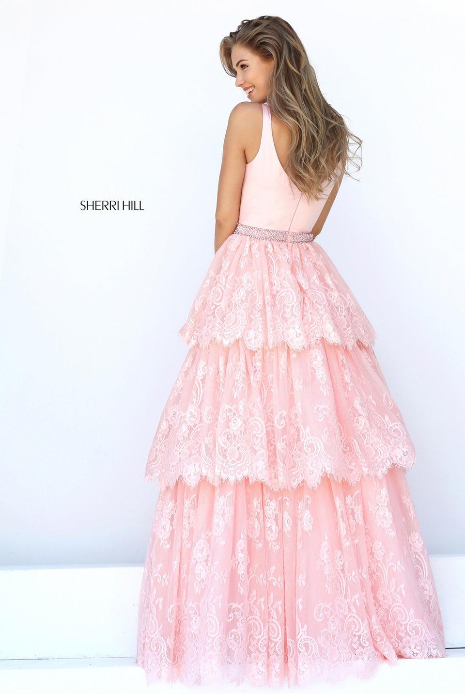 Sherri Hill V-neck Satin Bodice With A Three Tiered Lace Skirt