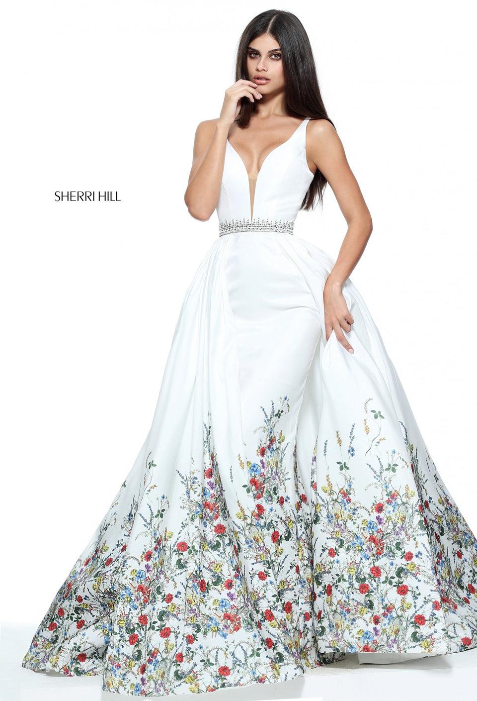 Sherri Hill V-neck Taffeta Column Gown With A Floral Border Print Over Skirt