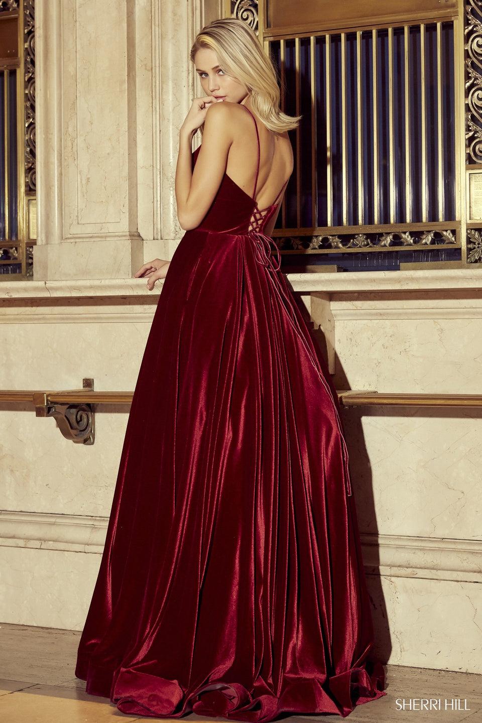 sherri hill Velvet ball gown with modified sweetheart neckline and corset style lace up back