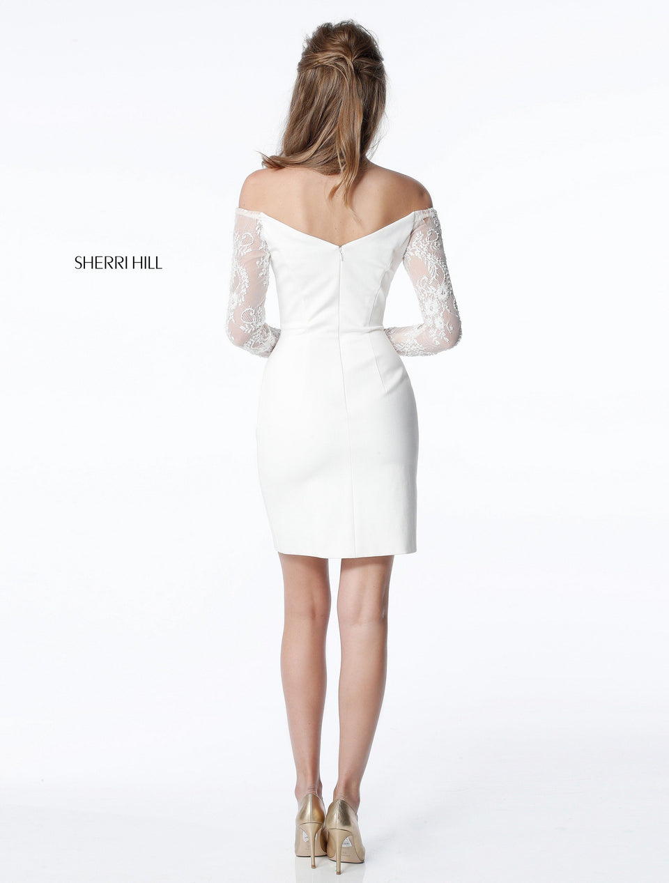 Sherri Hill Velvet Cocktail With Sweetheart Bodice And Off-the-shoulder Lace Sleeves