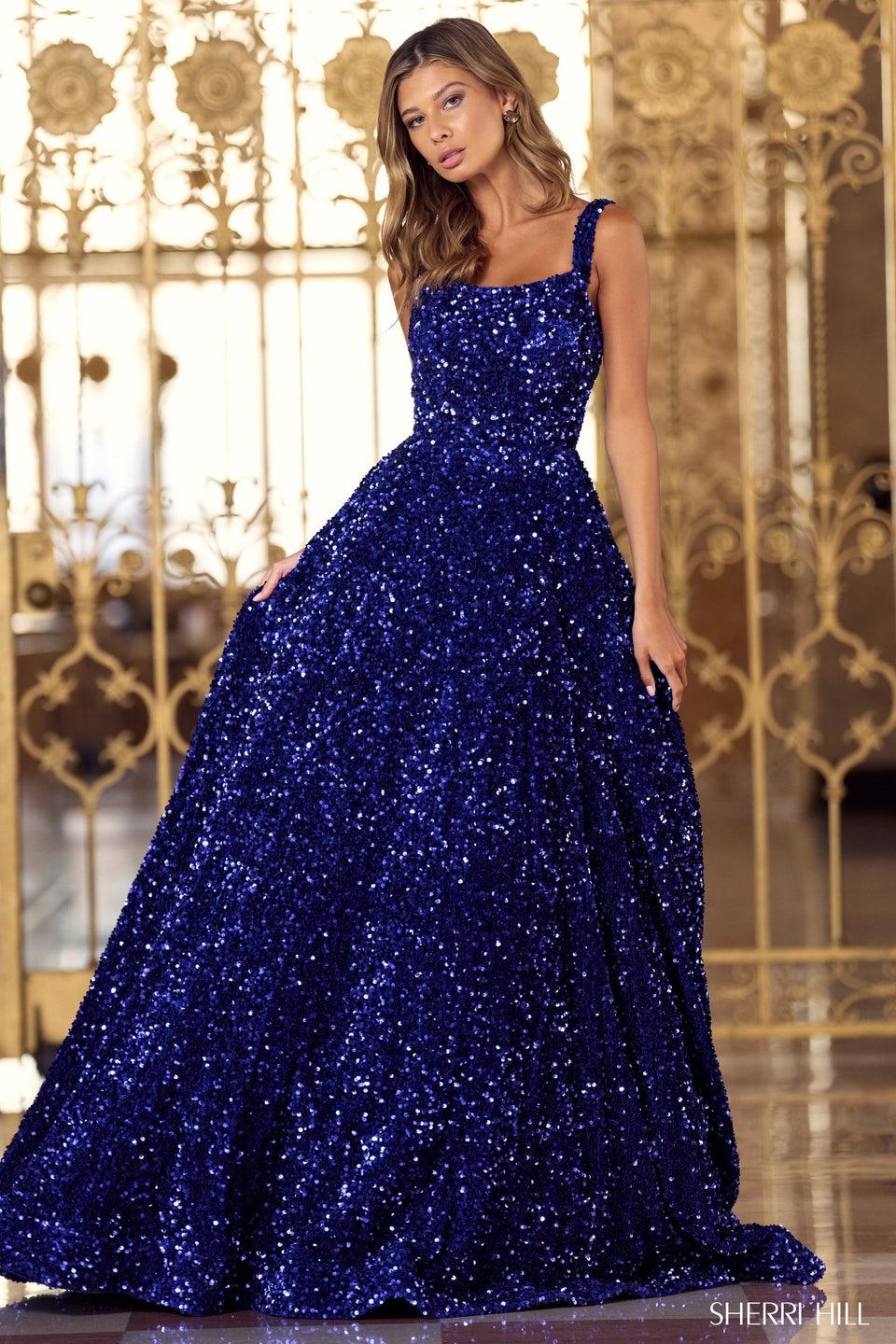 Sherri Hill Velvet Sequin Ballgown With Straight Neckline