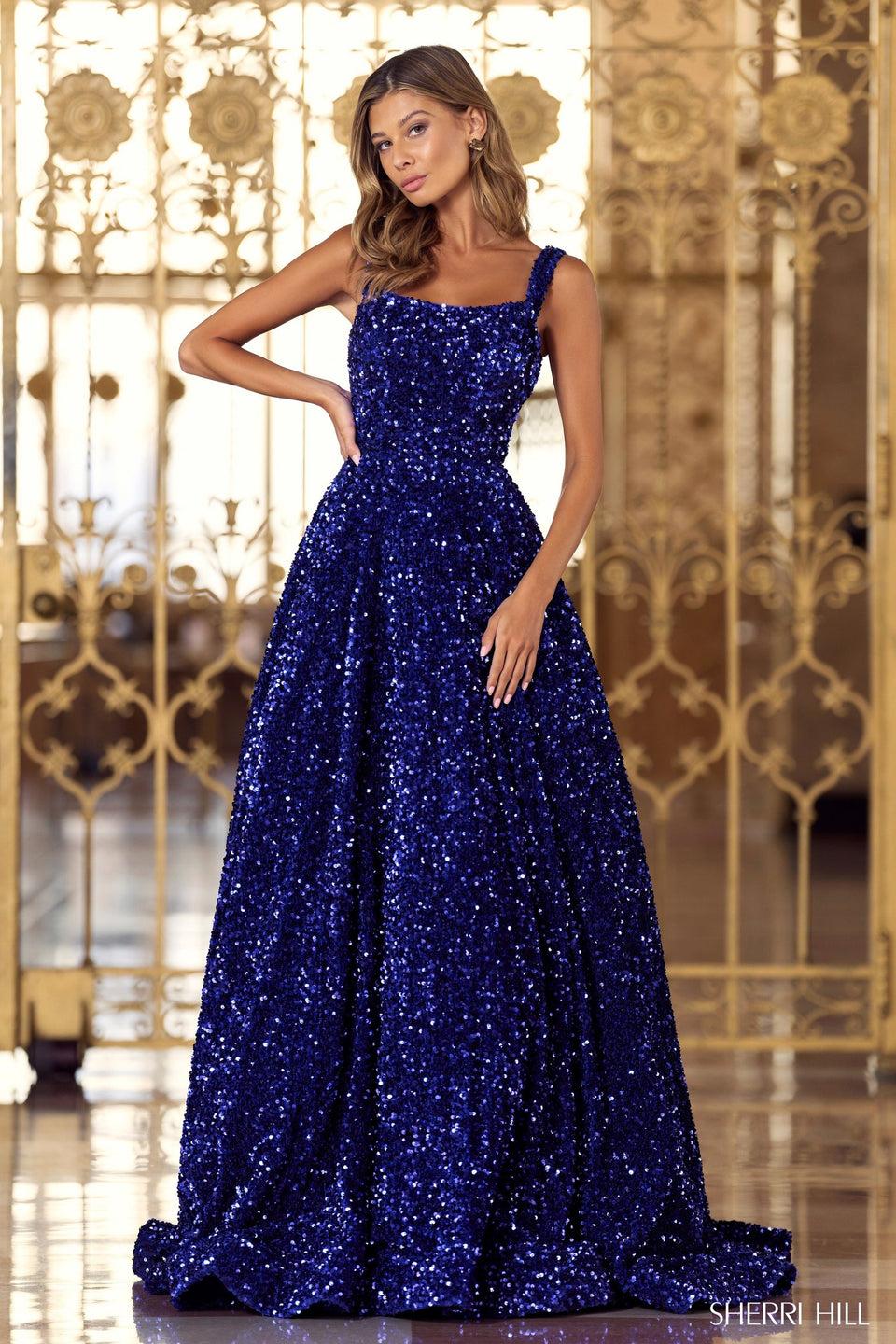 sherri hill Velvet sequin ballgown with straight neckline