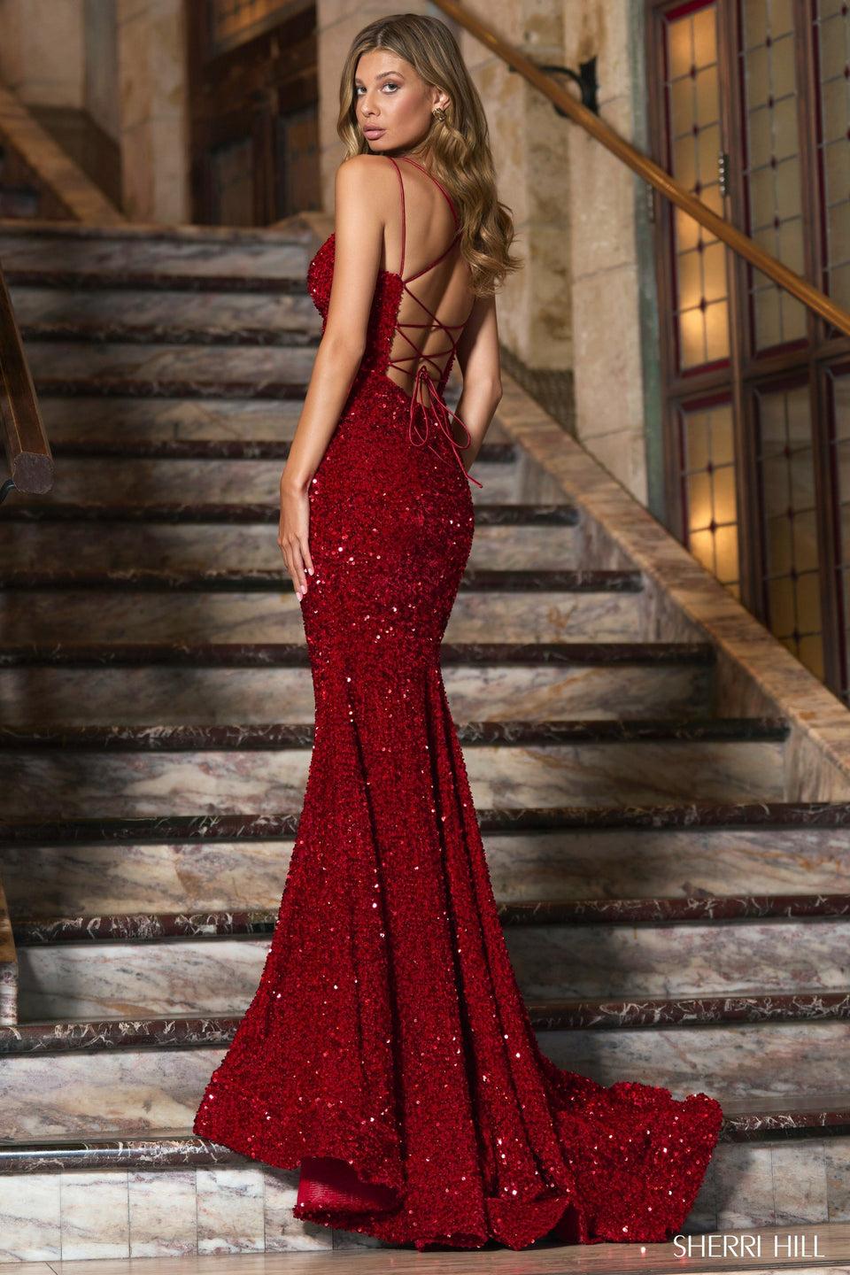 Sherri Hill Velvet Sequin Fitted Gown With Sweetheart Neckline And Lace Up Back