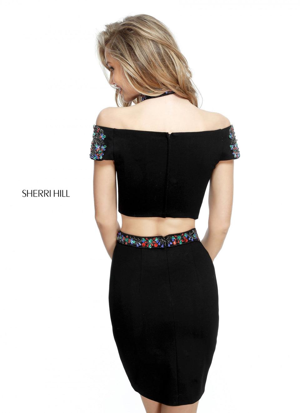 Sherri Hill Velvet Two Piece Cocktail Off Shoulder Bodice With Bead Appliqued Sleeves And Matching Choker