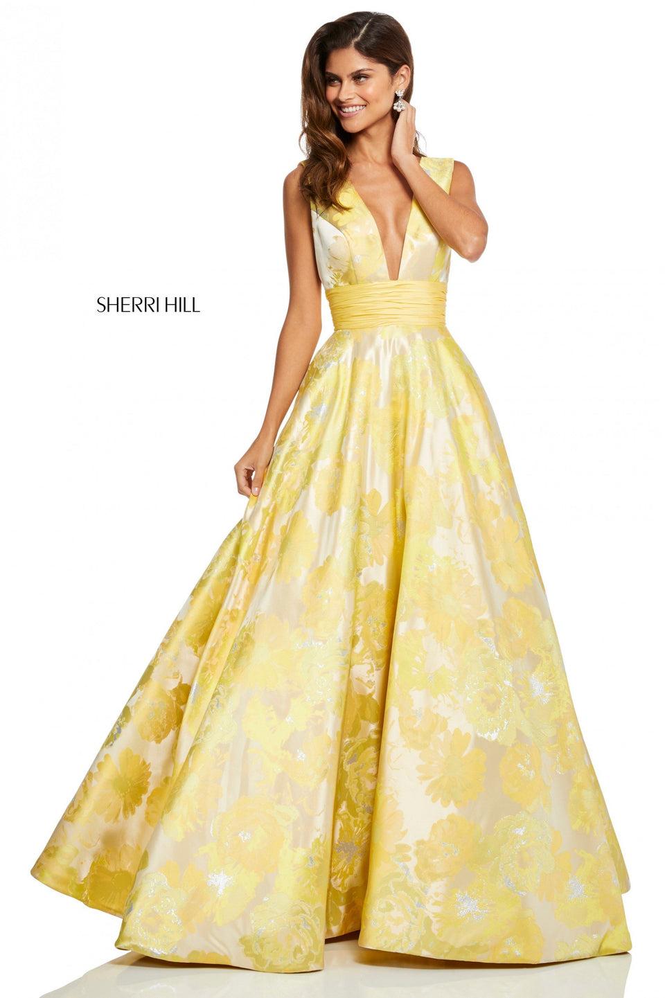 Sherri Hill Yellow Brocade Ball Gown With A Deep-V Bodice And Sides