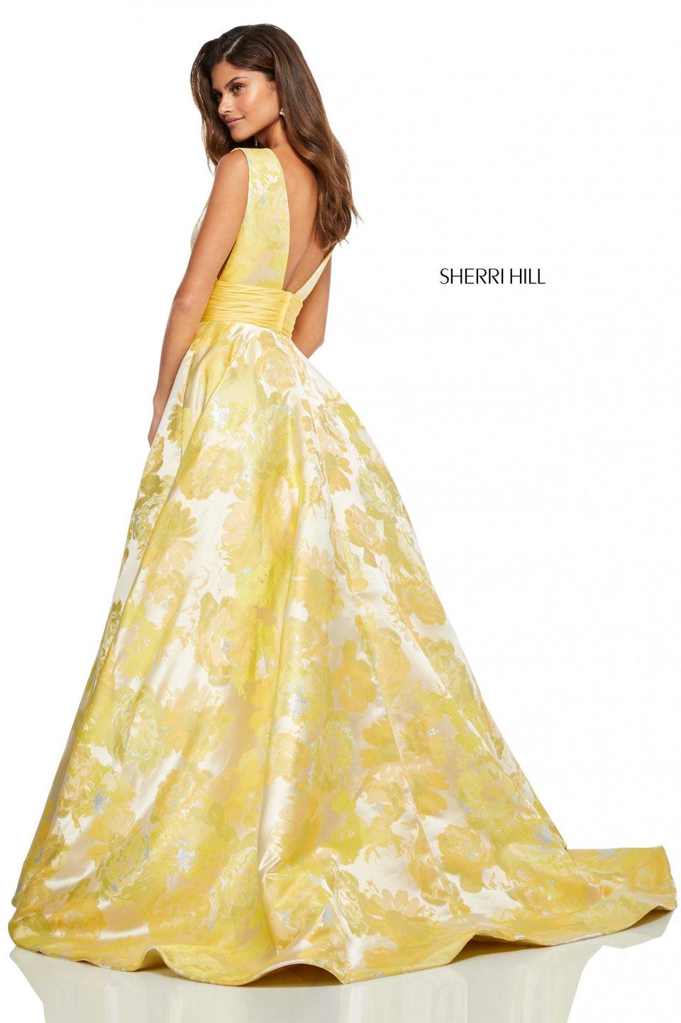 Sherri Hill Yellow Brocade Ball Gown With A Deep-V Bodice And Sides