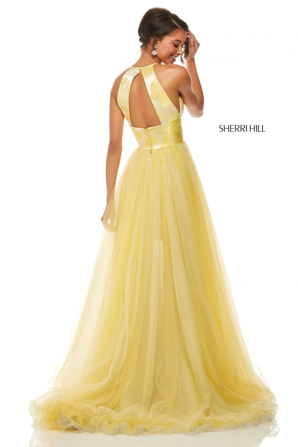 Sherri Hill Yellow Brocade Cocktail With High Neckline And Attached Tulle Train