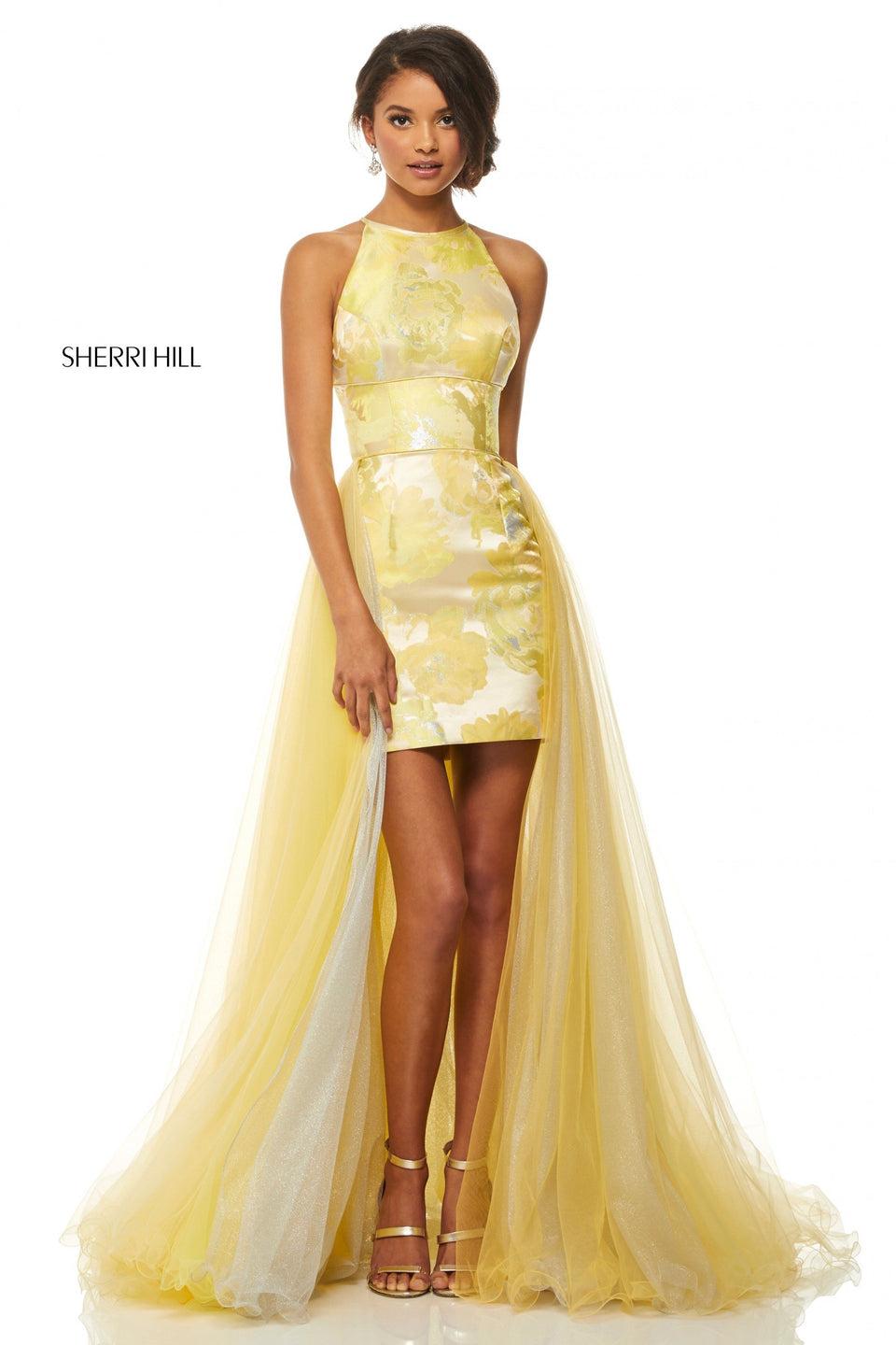 sherri hill Yellow brocade cocktail with high neckline and attached tulle train