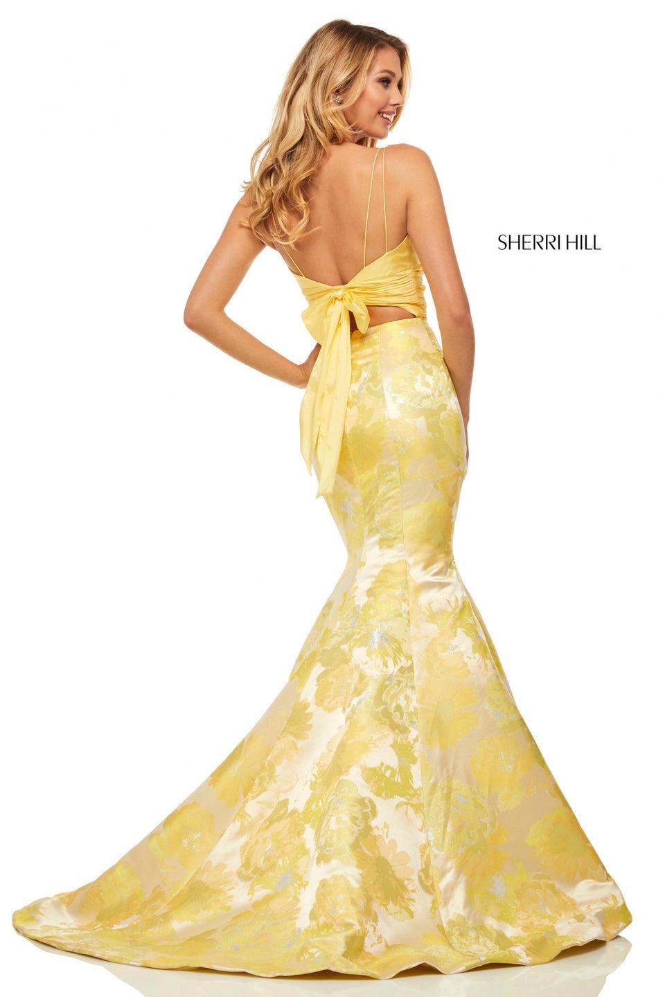 Sherri Hill Yellow Brocade Mermaid With Ruched Taffeta Bodice And Bow Back