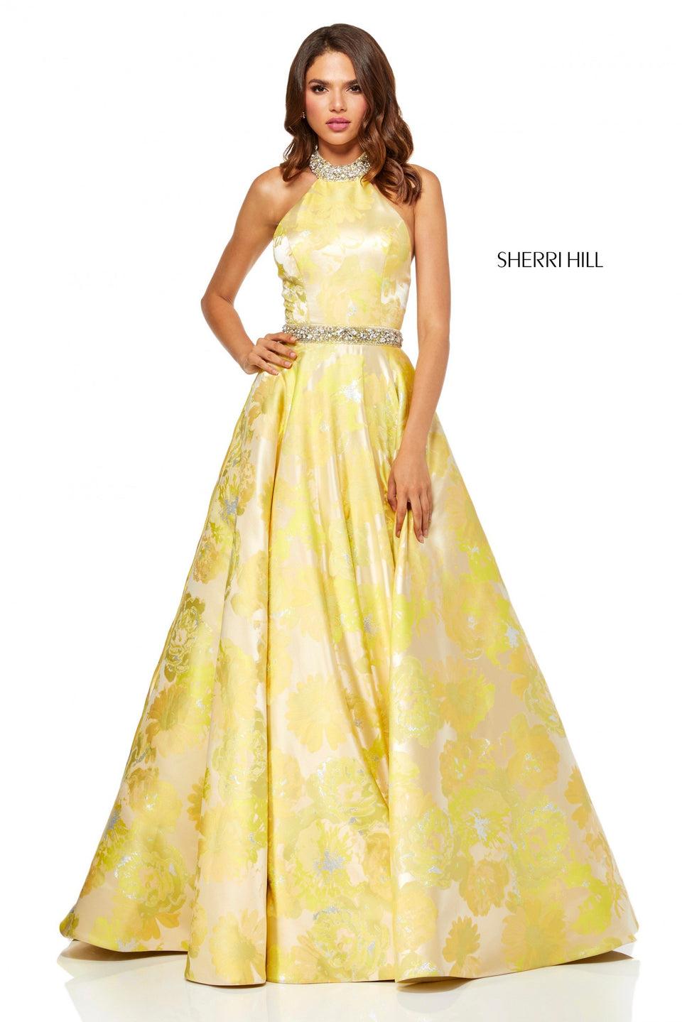 Sherri Hill Yellow Floral Print Ball Gown With High Neck And Beaded Waist Band