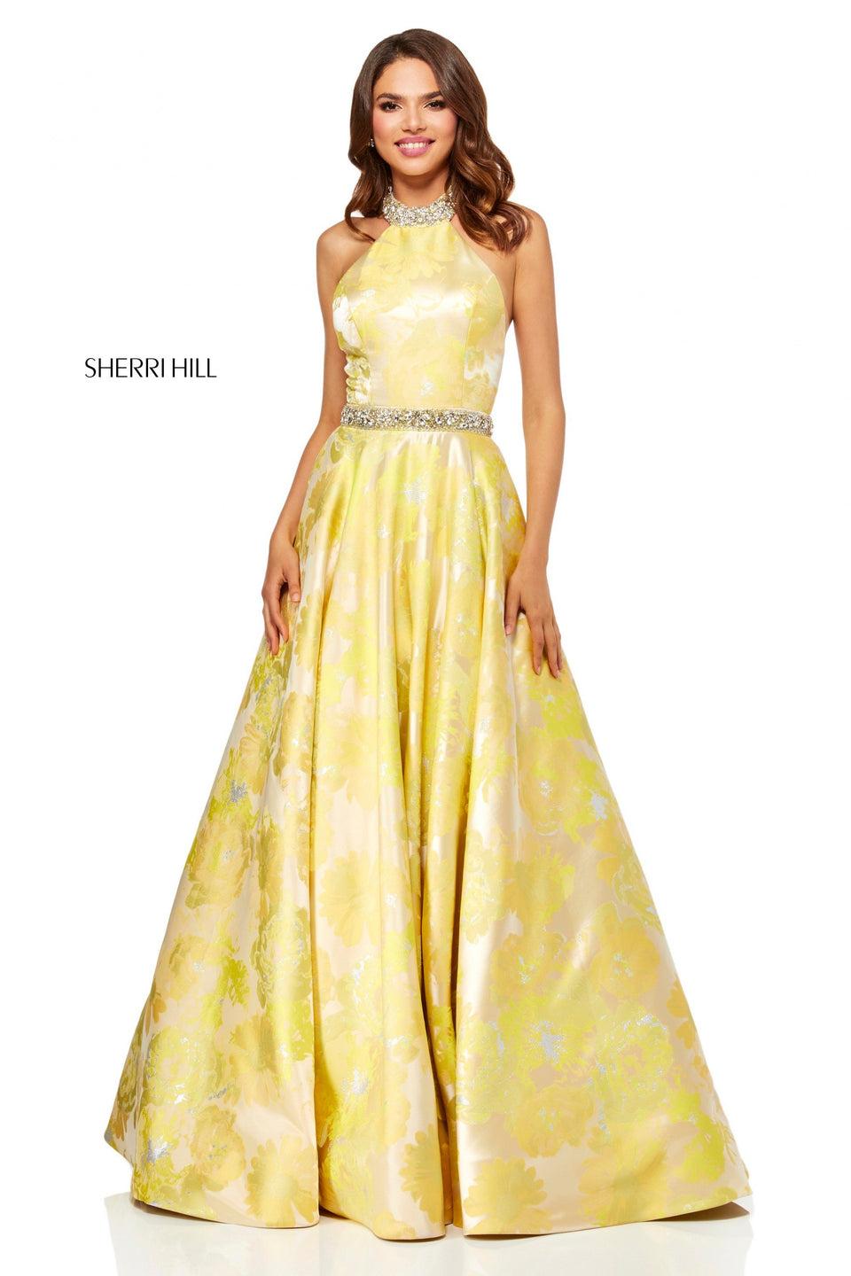 sherri hill Yellow floral print ball gown with high neck and beaded waist band