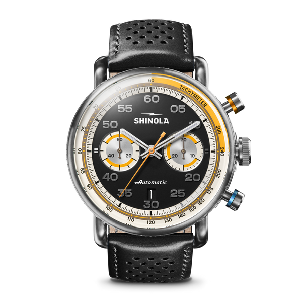 shinola Canfield Speedway Open Road Automatic Chronograph Watch Black/Black Leather