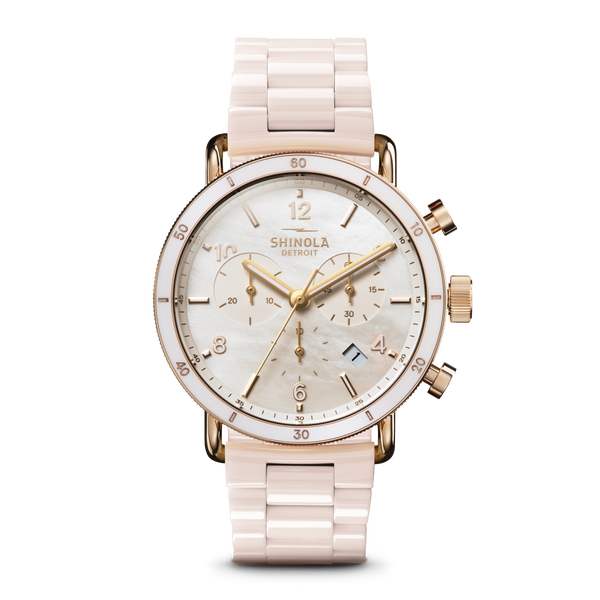 shinola Canfield Sport Chronograph Watch Pink Mother of Pearl
