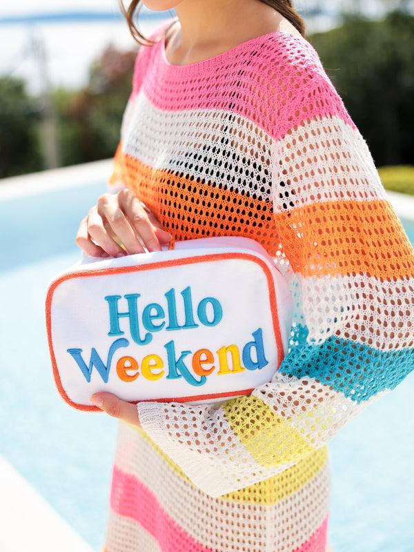 Shiraleah Shiraleah Cabana "Hello Weekend" Medium Zip Pouch White