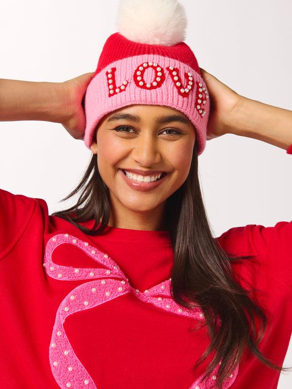 shiraleah Shiraleah "Love" Beanie with Pearls Red