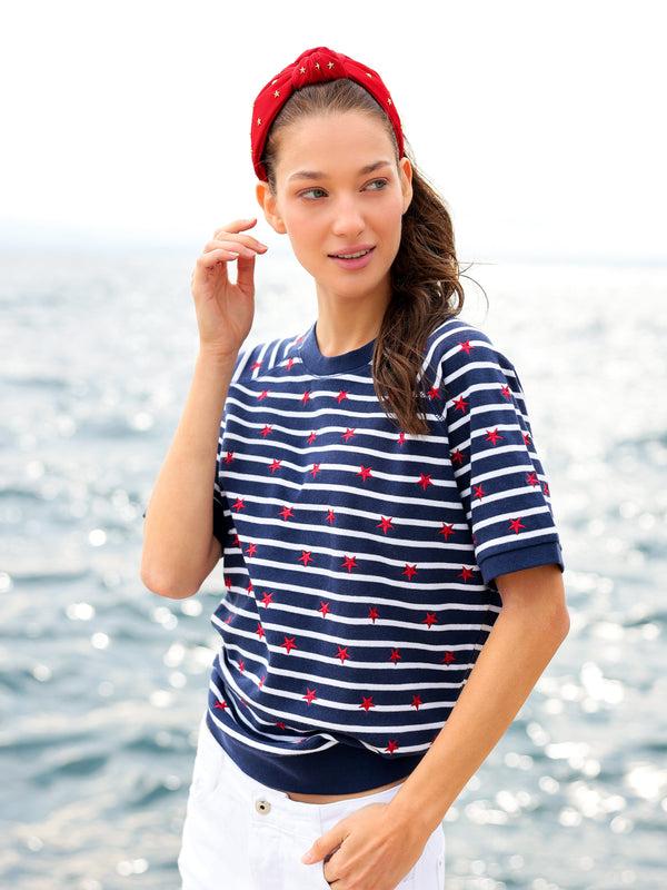 Shiraleah Shiraleah Stripes Lightweight Short Sleeve Sweatshirt Navy