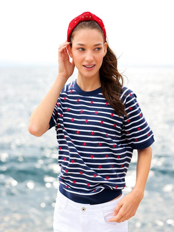 shiraleah Shiraleah Stripes Lightweight Short Sleeve Sweatshirt Navy