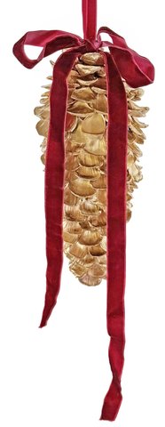 shishi Cone scale ornament gold with burgundy bow 25cm