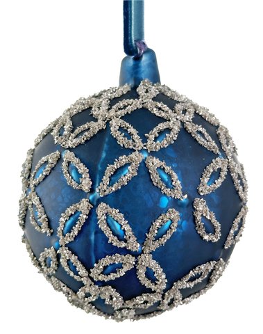 shishi Glass ball antique dk blue mat w/silver glass glitter 8cm