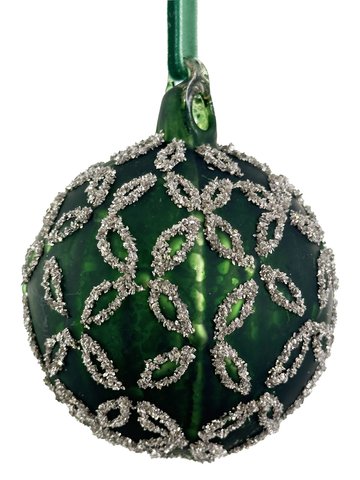 shishi Glass ball antique dk green mat w/silver glass glitter 8cm