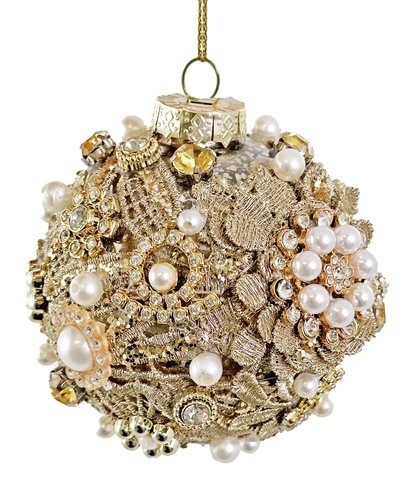 shishi Glass ball antique silver with florals pearl and gems 9cm