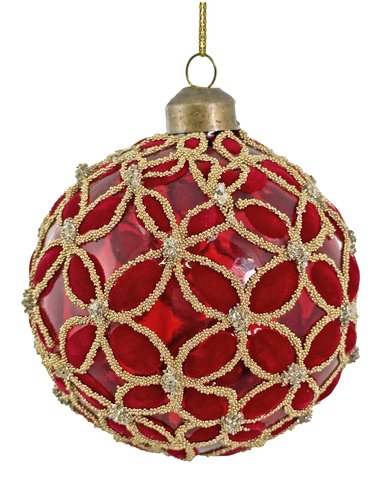 shishi Glass ball circles red transparent velvet and gold beads 8cm