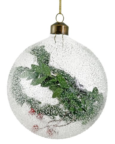 shishi Glass ball clear sanded w/red berries and branch inside 10cm