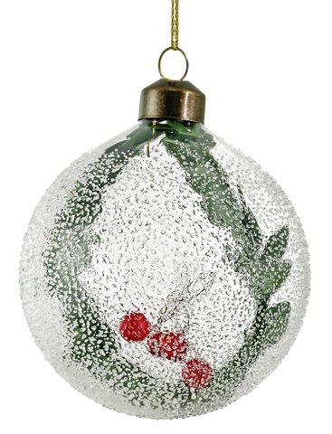 shishi Glass ball clear sanded w/red berries and branch inside 8cm